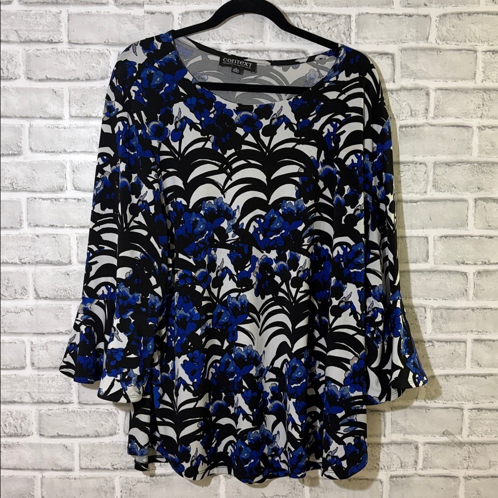Context by Lord & Taylor flare 3/4 sleeve Blue white, black floral size 3XL